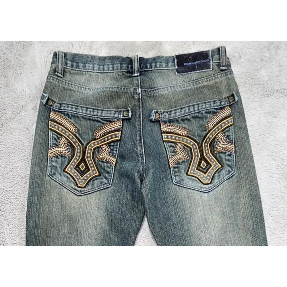 Raw Blue Jeans, Rare, Vintage, Y2K, Embroidered, Streetwear, Mens Size 32/32